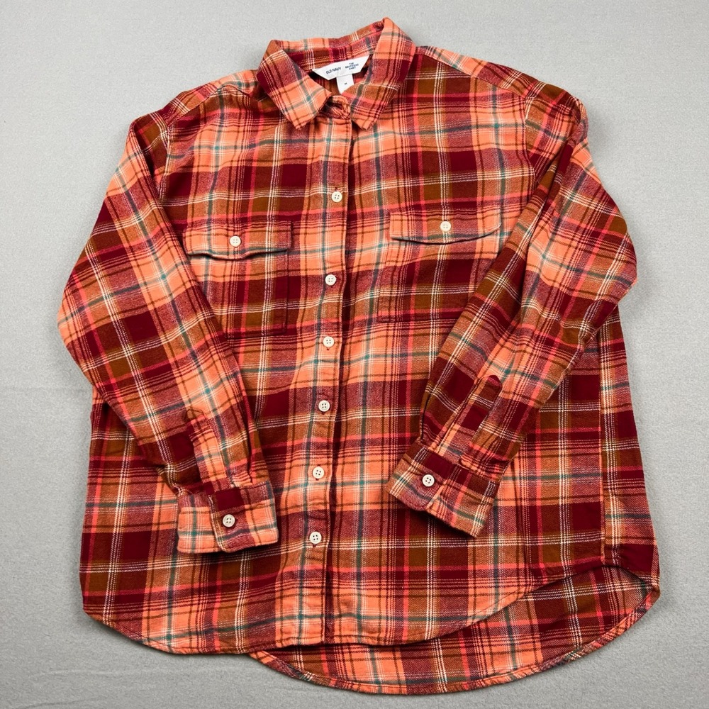 Old Navy Women's Medium The Boyfriend Shirt Orange Red Plaid Flannel Button Up